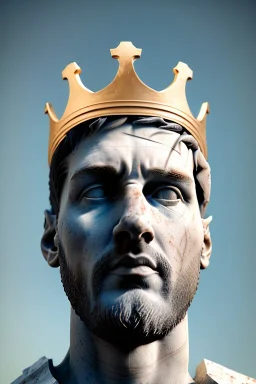 Ultra Realistic image, Roman sculpture, white marble material, Lionel Messi, gold crown of natural thorns, god crown, Renaissance style, sun rays background, waist up portrait, epic, celestial, cinematic lighting, God lights, 4k resolution, smooth details, soft lighting, unreal engine 5, art station, substance 3d.