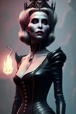 Constance Langdon as evil queen in black leather, leather, busty, cleavage, angry, stern look. character design by cory loftis, fenghua zhong, ryohei hase, ismail inceoglu and ruan jia. unreal engine 5, artistic lighting, highly detailed, photorealistic, fantasy