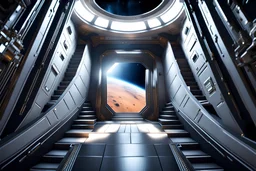 вид из открытой дверина широкую лестницу ведущую вниз из космического корабля фото реалистичность 4к
