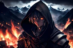 3d anime warrior in dark hood , detailed, sharp focus, dark colors, pale lights,mountain, crepy, dark fantasy in background fire city, professional anime art