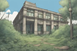 police station, overgrown, post-apocalyptic, comic book, city background