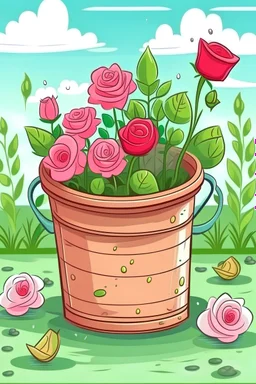 Rose flowers in a bucket book cover, in a garden, toddlers style, cartoon style,