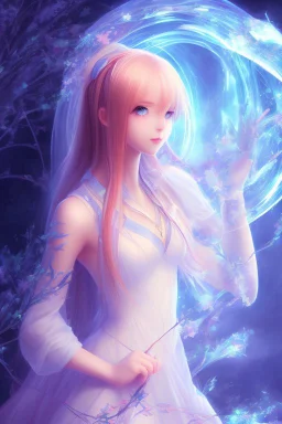 A soft and beautiful virgin anime girl portraing her Innocence. Background is a world of fire and ice