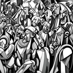 picasso cubism crowd of people black and white screaming bull in the middel