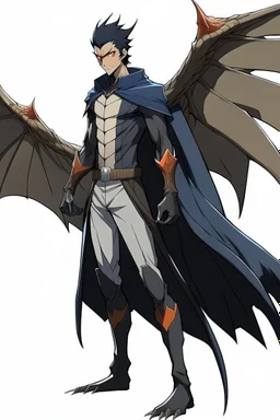 Anime man side character with dark , hybrid with Pteranodon wings,small muscles, aged 30, wearing a Pteranodon superhero suit