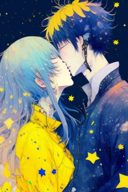 portrait anime man kissing man, ,yellow, stars hearts water, blue, watercolor, Yoshikata Amano, Edwin Landseer, Ismail Inceoglu, Russ Mills, Victo Ngai, Bella Kotak, hyperdetailed 8K resolution HDR DSLR, ultra detailed, ultra quality, CGSociety, intricately detailed, color depth, gliter, kiss