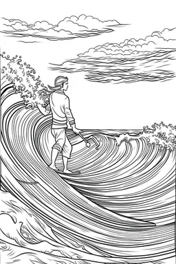 Outline art for coloring page OF A SURFER RIDING A WAVE IN HAWAII LOOKING AWAY FROM US, coloring page, white background, Sketch style, only use outline, clean line art, white background, no shadows, no shading, no color, clear