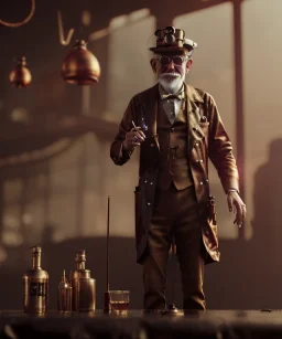 steampunk, cabaret scene. old man. little monkey, Sunglasses, rain, smoking, happy, hot. people background, highly detailed, concept art, unreal engine 5, god rays, ray tracing, RTX, lumen lighting, ultra detail, volumetric lighting, 3d, finely drawn, high definition, high resolution.