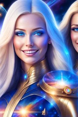 cosmic woman smile, admiral from the future, one fine whole face, crystalline skin, expressive blue eyes,rainbow, smiling lips, very nice smile, costume pleiadian, Beautiful tall woman pleiadian Galactic commander, ship, perfect datailed golden galactic suit, high rank, long blond hair, hand whit five perfect detailed finger, amazing big blue eyes, smilling mouth, high drfinition lips, cosmic happiness, bright colors, blue, pink, gold, jewels, realist, high commander