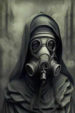 Nun wearing a gas mask in the style of giger