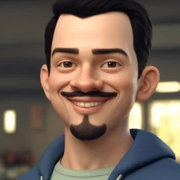 a portrait of smiling young cute western man. caricature. black hair. short buzz cut hair style. light skin. dark eye pupils. small eyes. big round face shape. a bit small goatee, without moustache. big nose. thick mouth. white sweatshirt. pixar style. 3D. 4k. portrait. highly detailed. sharp focus. high resolution. full color. cinema lighting