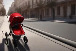 a zoomed-in shot of a pram on a sidewalk which contains a baby that looks like a young Donald Trump