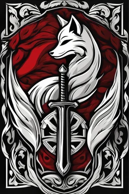 Stylized Emblem of sword, shield and fox's tail. Red, black, white, RWBY animation style