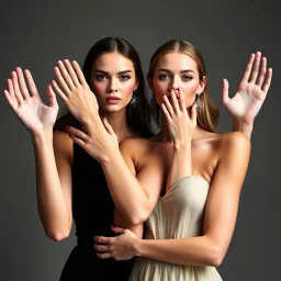 Female fashion models with too many hands.