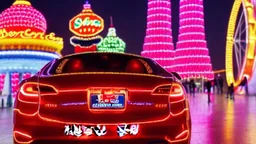 A Tesla's 'Model S Plaid' is doing donuts, at 'Lotte World', in Seoul (South Korea). CINEMATIC. WIDE ANGLE LENS.