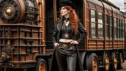 full-length portrait of a pale-faced steampunk woman with auburn wavy shoulder-length hair, with detailed metal arms and legs, dressed in leather trousers, and a jacket, standing beside a steam carriage