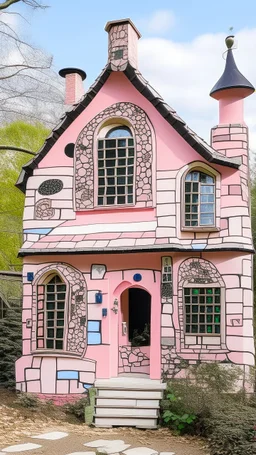 A light pink magical witch's house painted by Jean Dubuffet