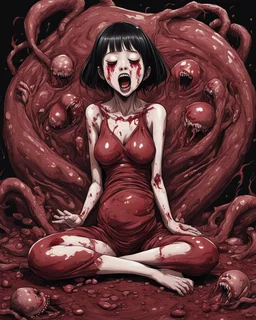 Petit weird woman crushed inside really darkred fleshy stomach filled with digestive juices, sit pose, fullbody, screaming, tears, Junji Ito style, darkred tones,