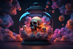 Complex tiny human skulls inside a big 3d jar, Complex, swirling clouds intricate clouds inside a jar, fantasy, epic, beautiful, stunning, glowing clouds, luminous color sparkles, intricate, magical, photorealistic, unreal engine, beautiful, magical, sparkling, dynamic lighting volumetric lighting triadic colors trending on Artstation