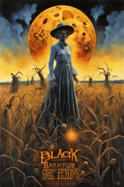 Modern horror Movie poster for text "BLACK LUNG HAY FEVER" by Drew Struzan, author text "S.E. CASEY", by Michael Whelan, small dusty midwestern farm town set barren field afire to exorcise the spirits of two sinister scarecrows whose profiles can be seen in the distance, eerie, uncanny, ghastly surreal horror, digital collage art. double exposure effect, dark colors, dramatic, text "BLACK LUNG HAY FEVER"