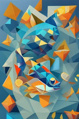 fish and chips, deconstructed, abstract cubist painting, Neo-Cubism, layered overlapping geometry, art deco painting, Dribbble, geometric fauvism, layered geometric vector art, maximalism; V-Ray, Unreal Engine 5, angular oil painting, DeviantArt