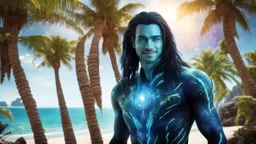 beautiful gorgeous young man na'vi with long hair, Avatar, blue skin, two small ears, green eyes, black hair, in cosmic suit, galactic ambiance, medium pointy goatee , smiling, with spaceship and planets and palm trees and clear crystaline cosmic beach in background