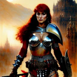 portrait beautiful face Red Sonja medieval metal armor balanciaga fashion clothe painting by gaston bussiere, greg rutkowski, yoji shinkawa, yoshitaka amano, tsutomu nihei, donato giancola, tim hildebrandt, oil on canvas, cinematic composition, extreme detail