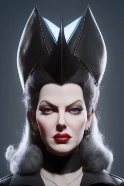 Lana Turner as evil queen in black leather, leather, busty, cleavage, angry, stern look. character design by cory loftis, fenghua zhong, ryohei hase, ismail inceoglu and ruan jia. unreal engine 5, artistic lighting, highly detailed, photorealistic, fantasy