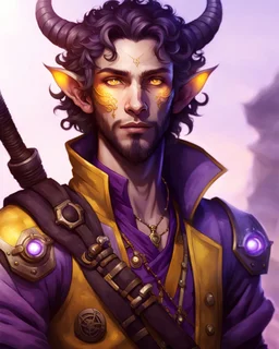 male humanoid tiefling, pirate, pale white skin, yellow eyes, soft purple lighting, small ears, short beard goatee, functional clothes