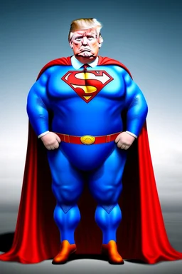 a thoroughly confused, elderly and morbidly obese donald trump standing dressed as superman