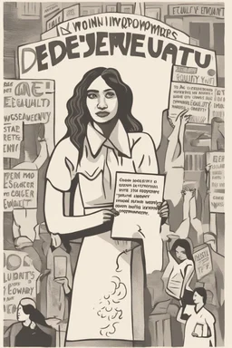 Create an illustration that celebrates women's rights and empowerment. Show how women can take action to create a more equal society. Think about what symbols you can use to represent female empowerment, such as a woman holding a sign that says "I deserve equality" or an image of women standing together in solidarity.