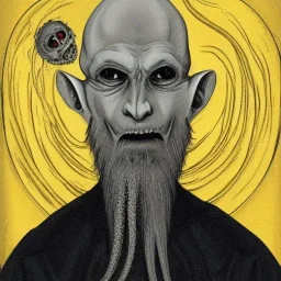 Nosferatu with yellow eyes with fleshy tentacle hair beard grey skin and fangs as a Russian Orthodox