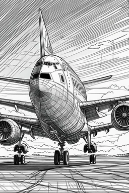 Outline art, no shading, aeroplane on the ground, black and white, no shading, ow detail, --ar 9:11