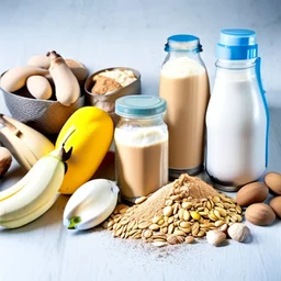 Ingredients for a proteinshake. Eggs, bananas, protein powder, nuts, studio view,