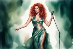 full figure, red curly hair upswept gorgeous singer on a stage in front of a microphone, sleeveless rose gold shiny silk long dress, the dress goes down to bluish green, photorealistic watercolour