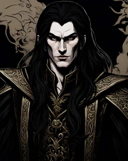 an elven man, tall and noble in his features, dressed in fine black velvet and silk clothes. he has long charcoal black hair, reaching neck length. His demeaner is that of a scheming villain whilst hiding his vampiric nature