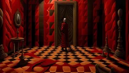 extremely detailed checkerboard movie shot portrait of a dark bizarre figure standing in the corner of a checkerboard checkerboard room by denis villenueve, yves tanguy, lovecraft, roger dean, amano, david lynch, dynamic composition, rich moody colours, red drapes