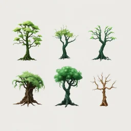 "Isolated concept art of multiple types of alien tree plant on a plain neutral background. Designed for different biomes: Forest biome – lush, dense, tall grass with strange broad blades, glowing tips, and twisted leaves. Swamp biome – slimy, wet, moss-like grass with tangled roots, bioluminescent details, and spongy textures. Desert biome – dry, spiky, brittle grass with sharp edges, thorn-like blades, and pale dusty colors. Each grass type should have a unique silhouette and texture.