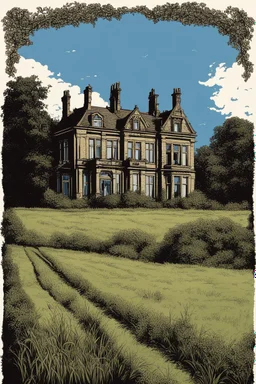 Disused, Victorian Manor House, Blue Sky, Over-Grown Fields, Vector Art