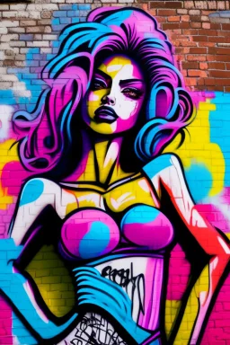 graffiti art on the brick wall portraying a female super model posing confidently, 8k, highly detailed, centered, epic composition, graffiti art, splash art, street art, spray paint, oil gouache melting, acrylic, high contrast, colorful polychromatic, ultra detailed, ultra quality, CGSociety