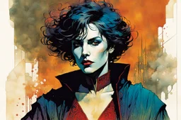 create a wildly imaginative full body portrait of an ethereal, otherworldly , medieval female vampire sorceress with extremely short hair in ragged ornate robes , in the comic book art style of Bill Sienkiewicz, Mike Mignola, and Jean Giraud Moebius, with highly detailed feminine facial features , finely drawn, colored and inked,