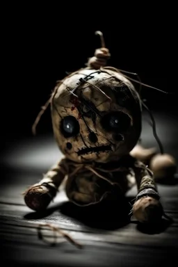 voodoo doll, very sad and scary head, very damaged, made of all kinds of things. environment of darkness, infinite dark and sad. melancholy.
