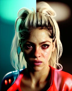 portrait, Shakira, blonde artist, angry, Realistic image, boxing robe, hoodie, mouthguard, nose, band aid, loose long hair, eyes make up, perfect, glow, circle iris. Rain, fog, Neon colors, leds. Dark background, photo studio, neon lights. concept art, smooth, unreal engine 5, god lights, ray tracing, RTX, lumen lighting, ultra detail, volumetric lighting, 3d, finely drawn, high definition, 4k.