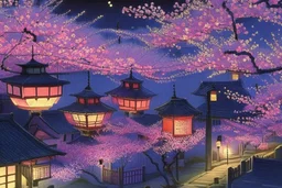 Cherry blossom trees at night and Japanese houses with lanterns