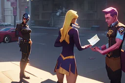 Supergirl being fined with a ticket by a street policeman.