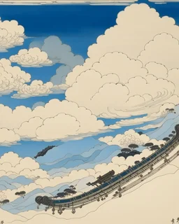 A white sky with musical instrument-shaped clouds painted by Katsushika Hokusai