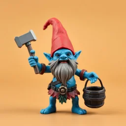 low poly, blueish slime dwarf gnome troll miniature model half painted arms outstretched holding battle hammer offering gift, bucket shield background