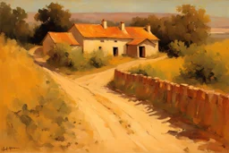 sunny day, mountains, trees, dirt road, countryside, nostalgy influence, adobe house, alfred stevens and ludwig dettman impressionism paintings