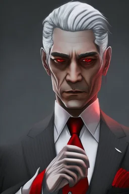 Realistic, red eyes, light skin, short black and gray hair, red earring, suit and tie clothing, gloves on hand