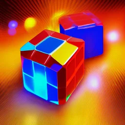 a blue metallic 4d cube inside a 4d red rotating cube in a four dimension environment